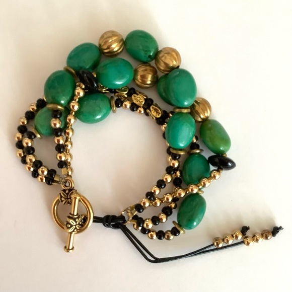 Handmade green turquoise magnesite and onyx multi strand stack bracelet - Picture 1 of 7